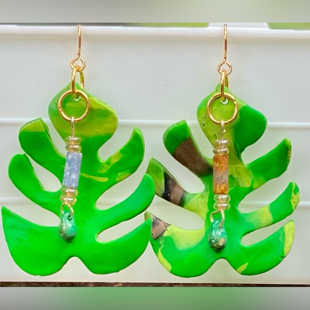 Handcrafted Green Leaf Dangle Earrings